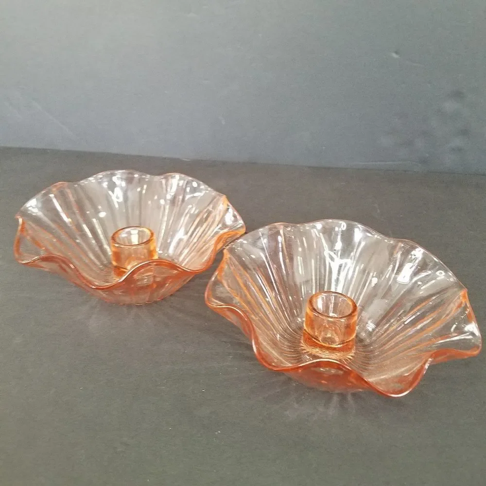 Vintage Anchor Hocking Large Pink Glass Ruffled Bowl & Matching Candle Holders